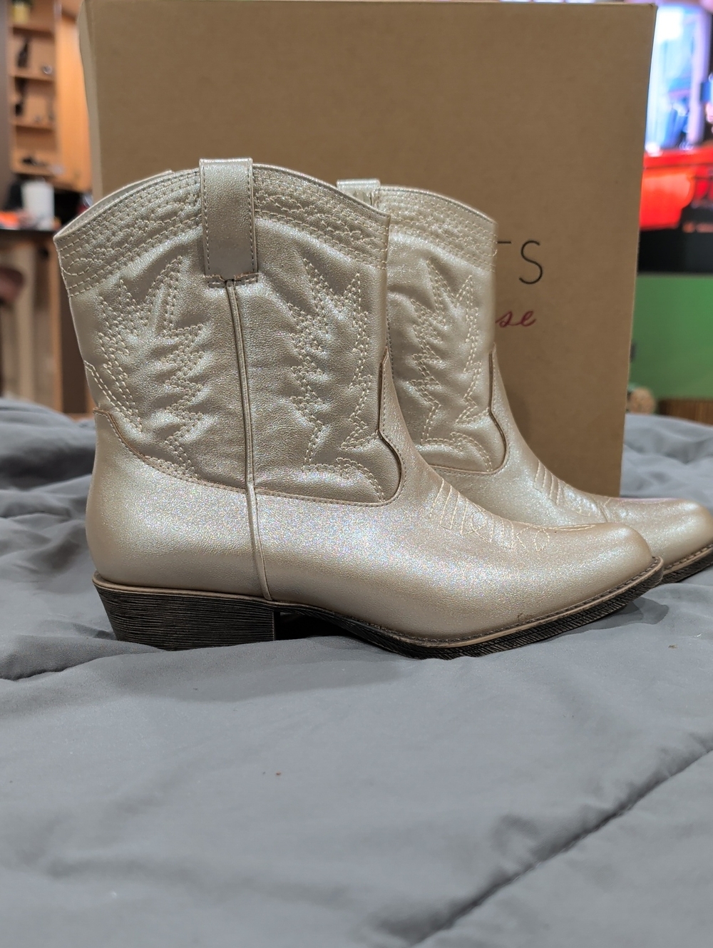 Shimmering Cream Western Ankle Boots